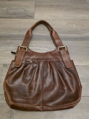 Y2K Genuine Brown Leather Pleated Hobo Bag |Floral Fabric Linning Buckle Strap